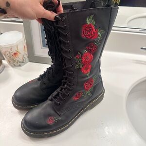 Dr. Martens Black Boots with Red Floral Embroidery